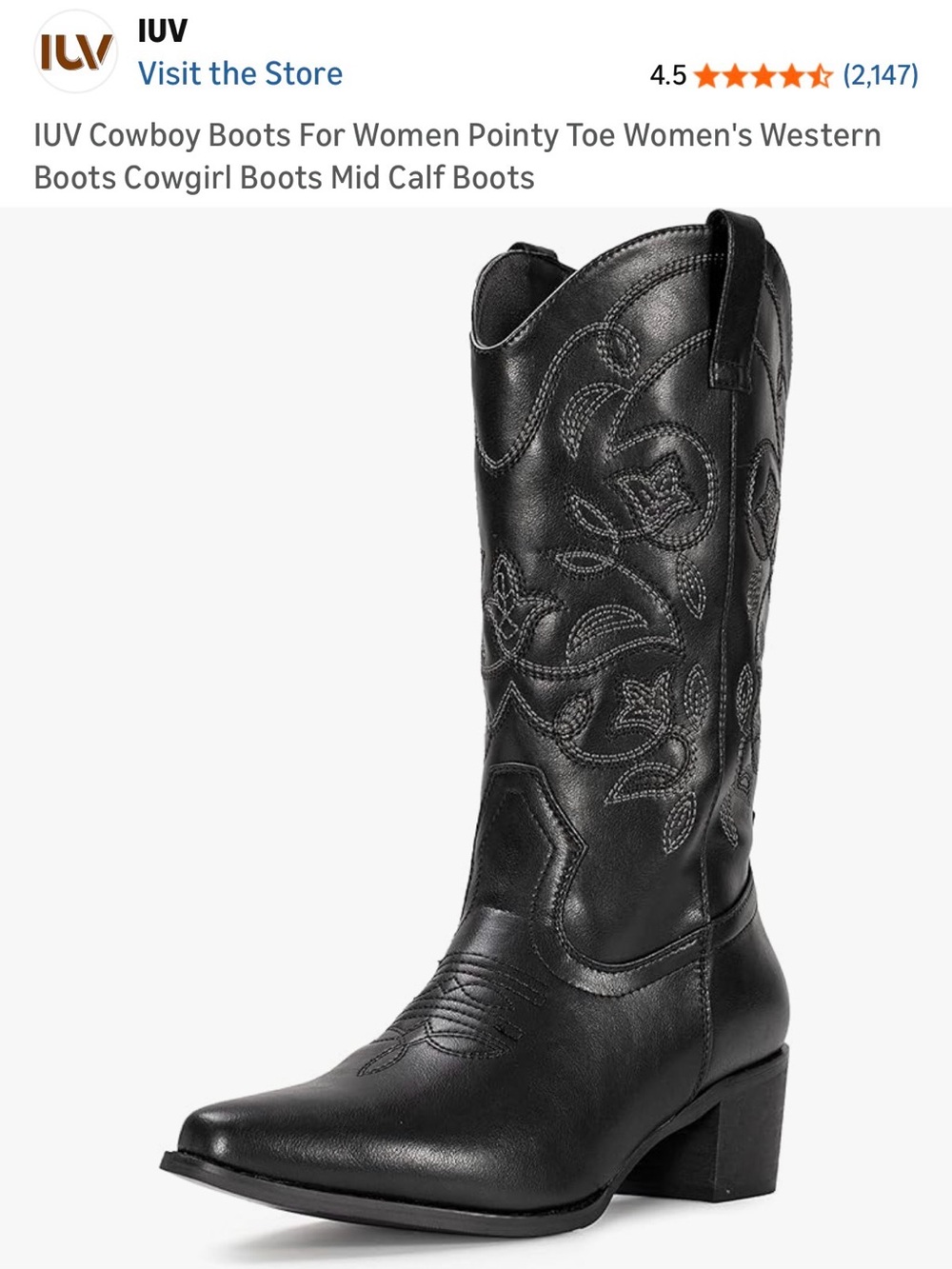 IUV Women's Black Pointed Toe Cowboy Heeled Boots